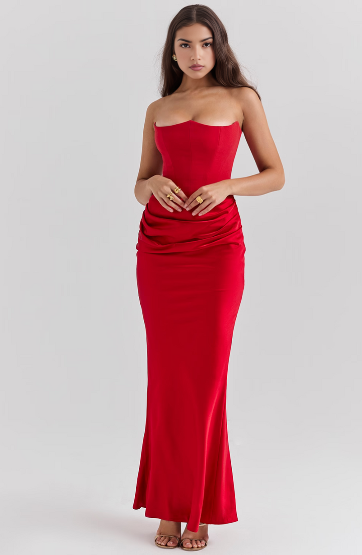 Duttini | Sculpted Wedding Guest Lace Strapless Dress Evening