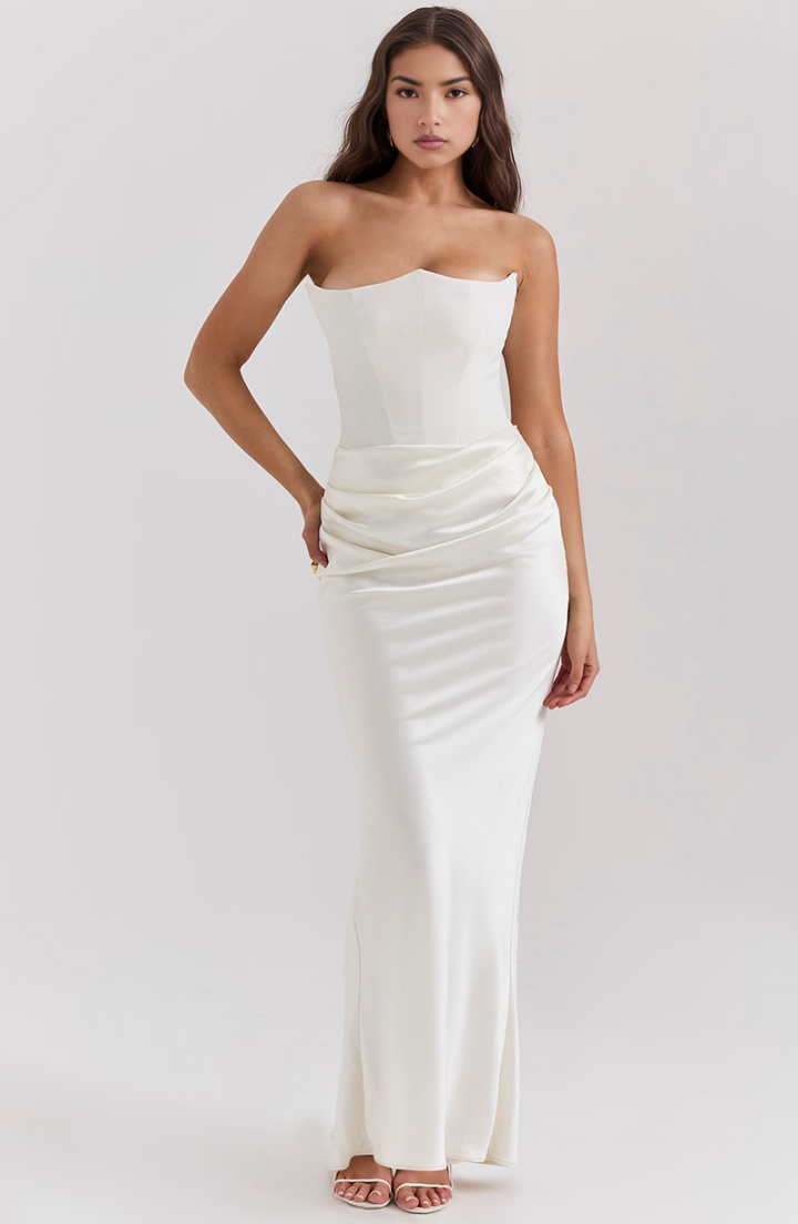 Duttini | Sculpted Wedding Guest Lace Strapless Dress Evening