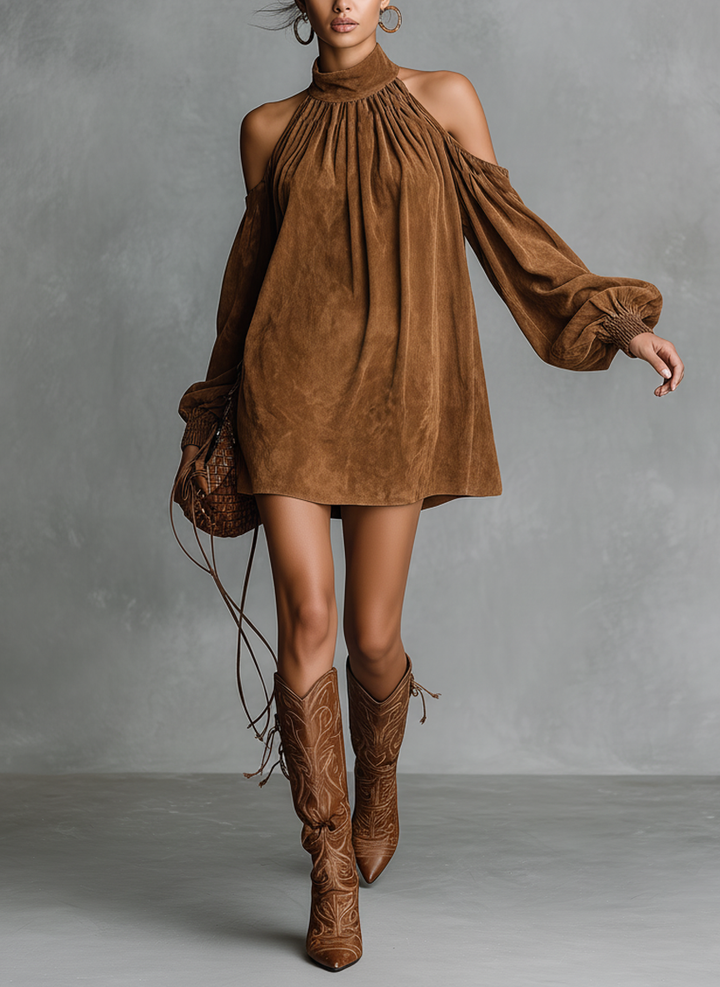 Duttini | Faux Suede Halter Neck Dress