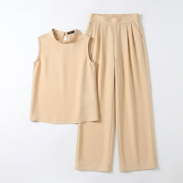 Duttini | Flowing Tailored Sleeveless Mock-Neck Top With High-Waisted Wide-Leg Trousers Set