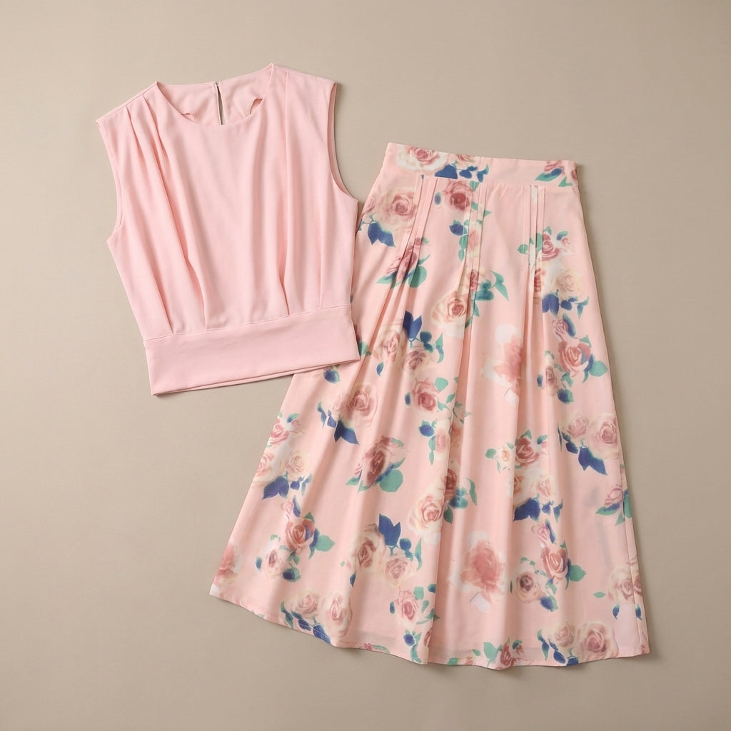 Duttini | Graceful Two-Piece Set With Round Neck Top And Pleated Midi Skirt