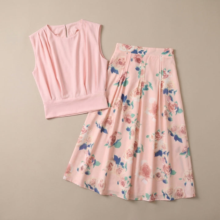 Duttini | Graceful Two-Piece Set With Round Neck Top And Pleated Midi Skirt