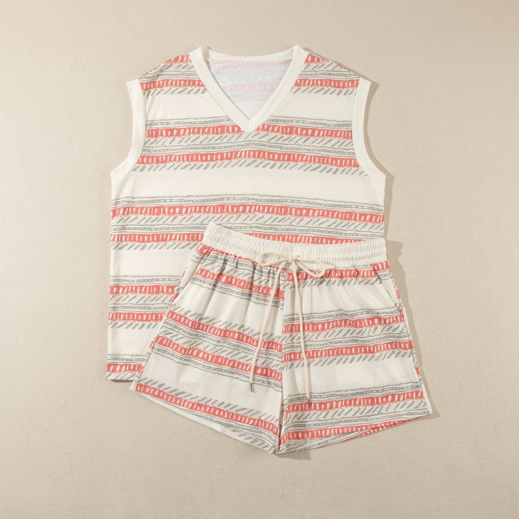 Duttini | Feminine Relaxed Two-Piece Set With Abstract Geometric Stripes And Drawstring Shorts