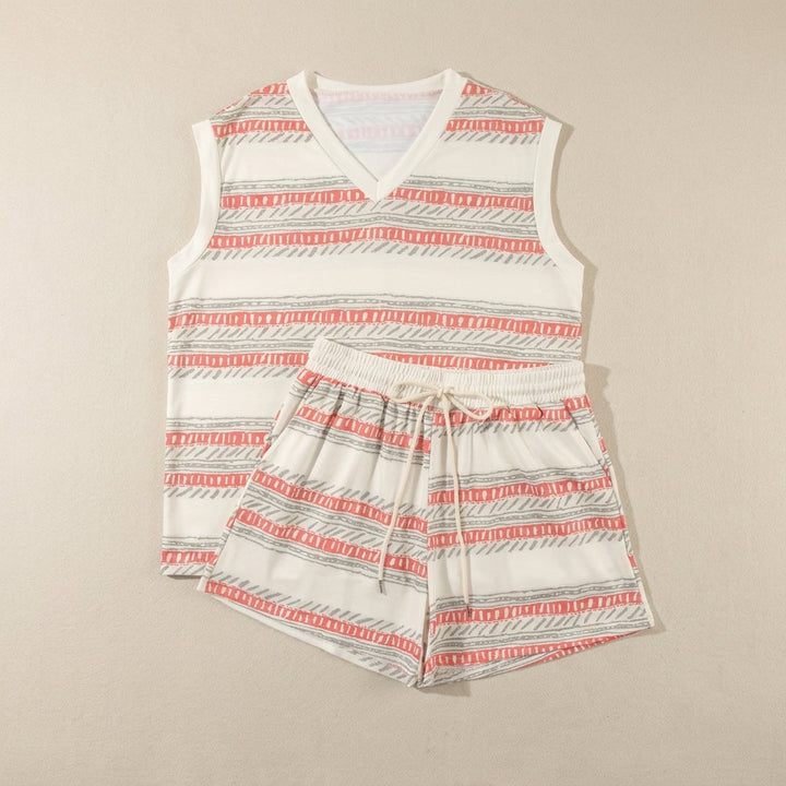 Duttini | Feminine Relaxed Two-Piece Set With Abstract Geometric Stripes And Drawstring Shorts