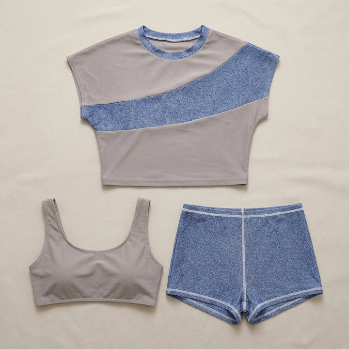 Duttini | Sculpted Sporty Three-Piece Swim Set With Color-Blocked Crop And High-Waisted Shorts