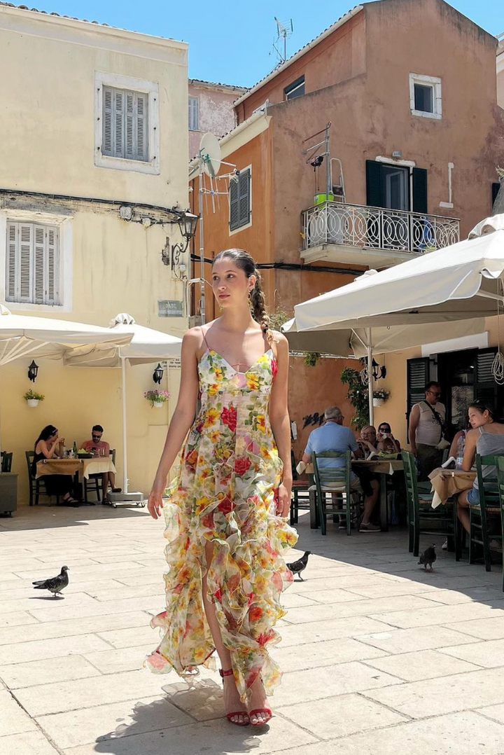 Duttini | Ruffled high-slit floral mesh gown