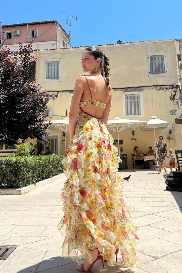 Duttini | Ruffled high-slit floral mesh gown