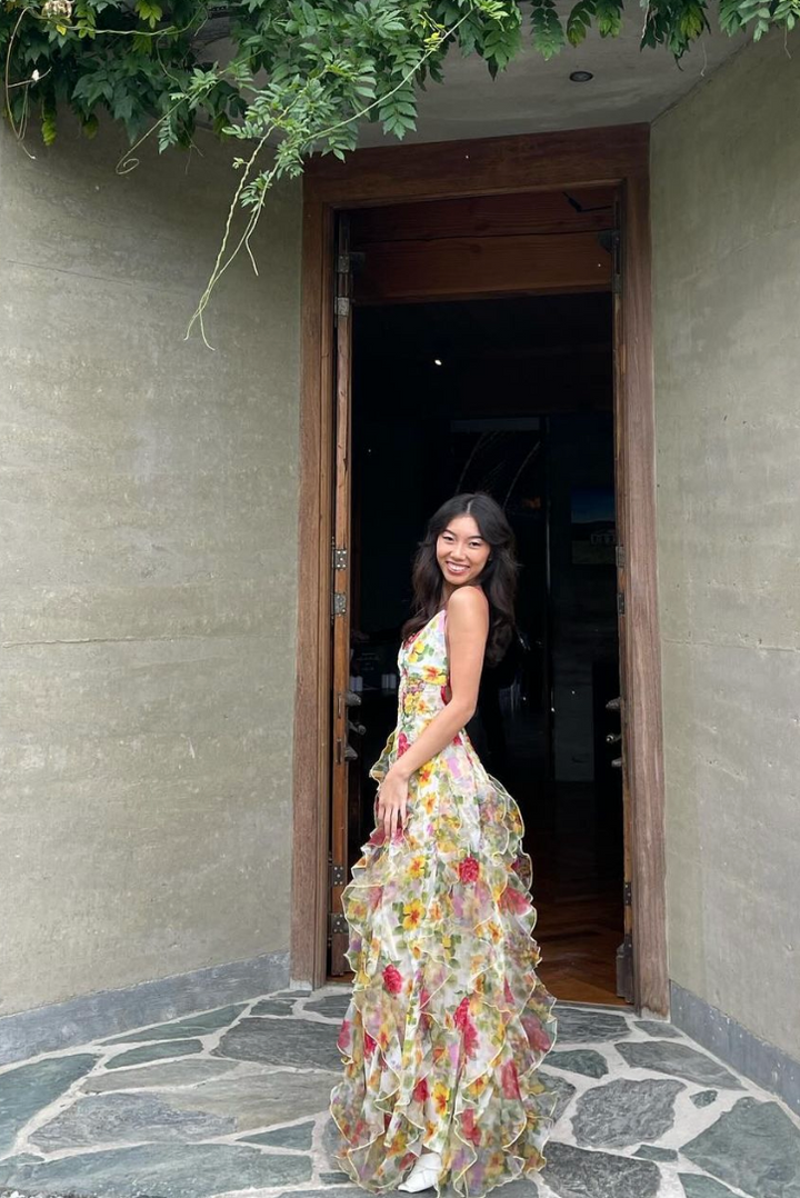 Duttini | Ruffled high-slit floral mesh gown