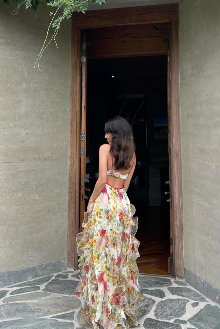 Duttini | Ruffled high-slit floral mesh gown