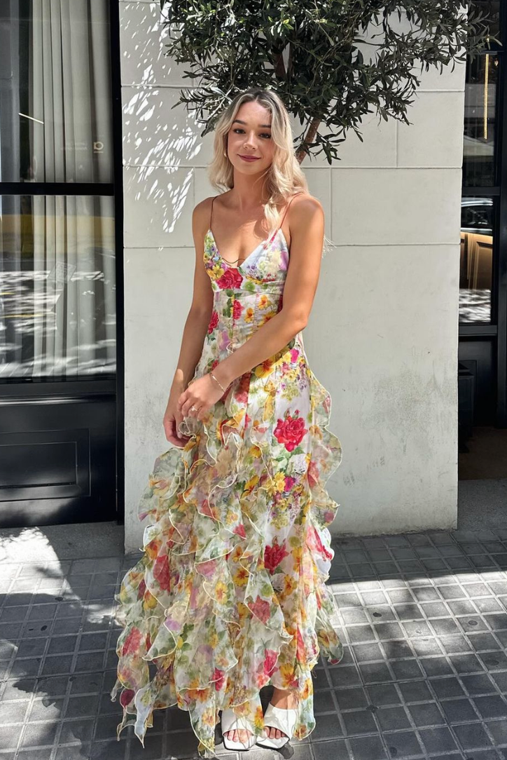 Duttini | Ruffled high-slit floral mesh gown
