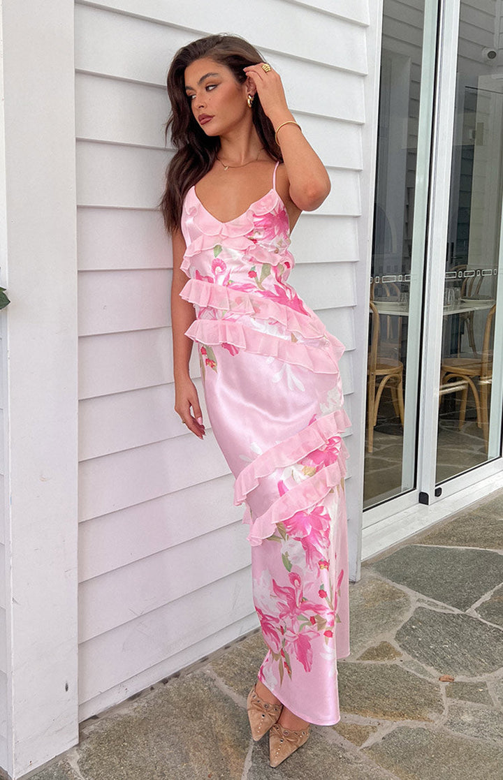 Duttini | Ruffle Trim Maxi Dress in Blush Petal Layers