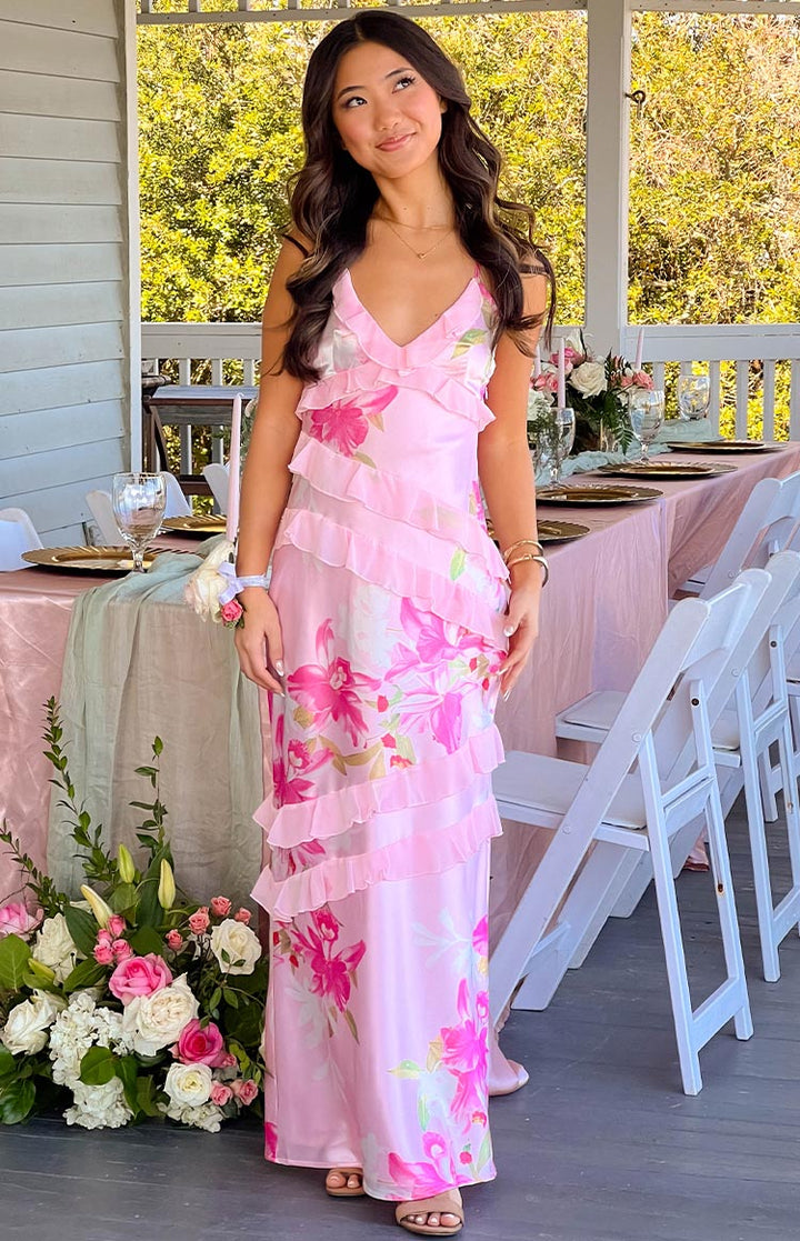 Duttini | Ruffle Trim Maxi Dress in Blush Petal Layers