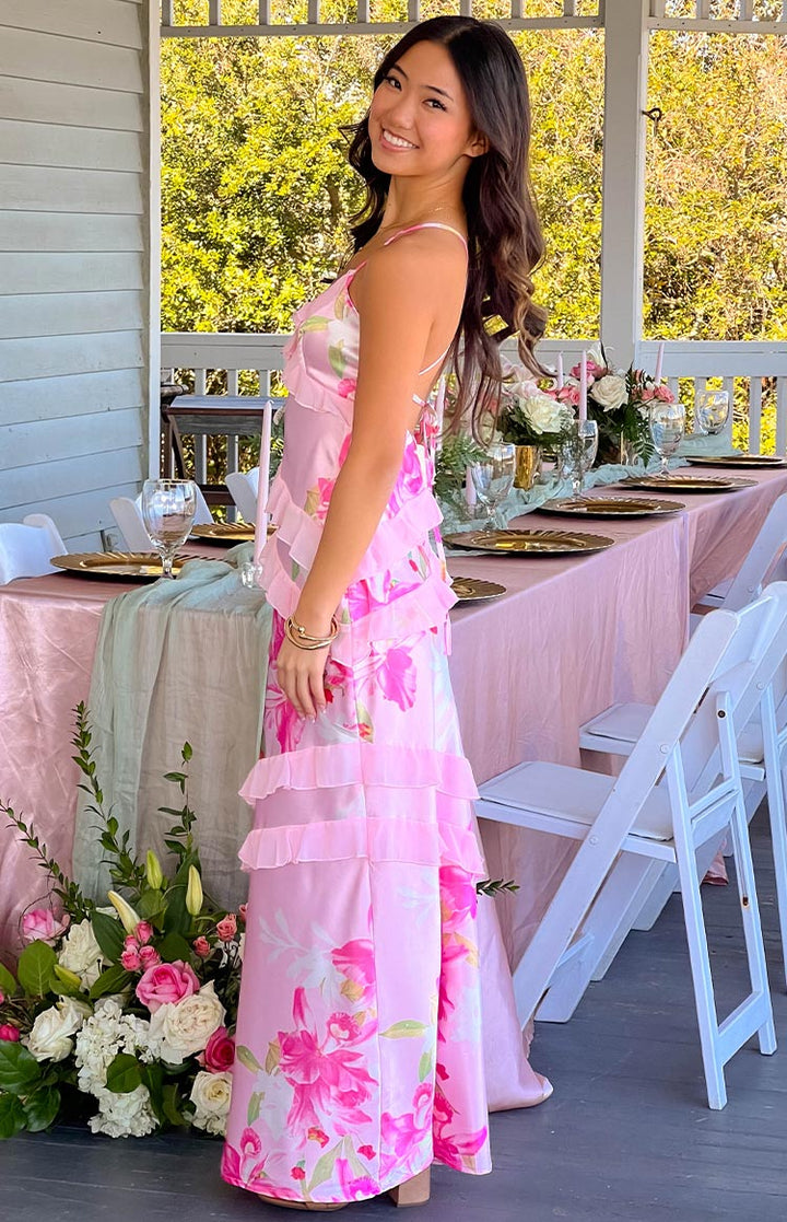 Duttini | Ruffle Trim Maxi Dress in Blush Petal Layers