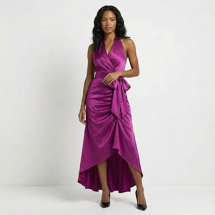 Duttini | Flowing Satin Halter Neck Wrap Maxi Dress With Bow Tie Waist And Ruffled Hem