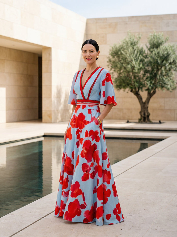 Duttini | Elegant Floral Print V-Neck Maxi Dress With Flutter Sleeves And Pockets