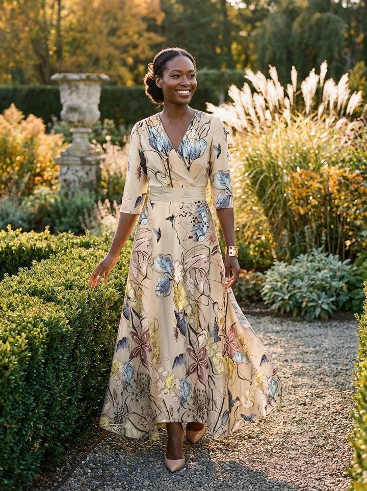 Duttini | Elegant Floral Print V-Neck Maxi Dress With Flutter Sleeves And Pockets