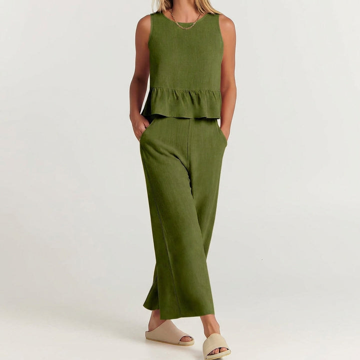Duttini | Sculpted Breezy Linen Blend Peplum Top And Wide-Leg Pant Set