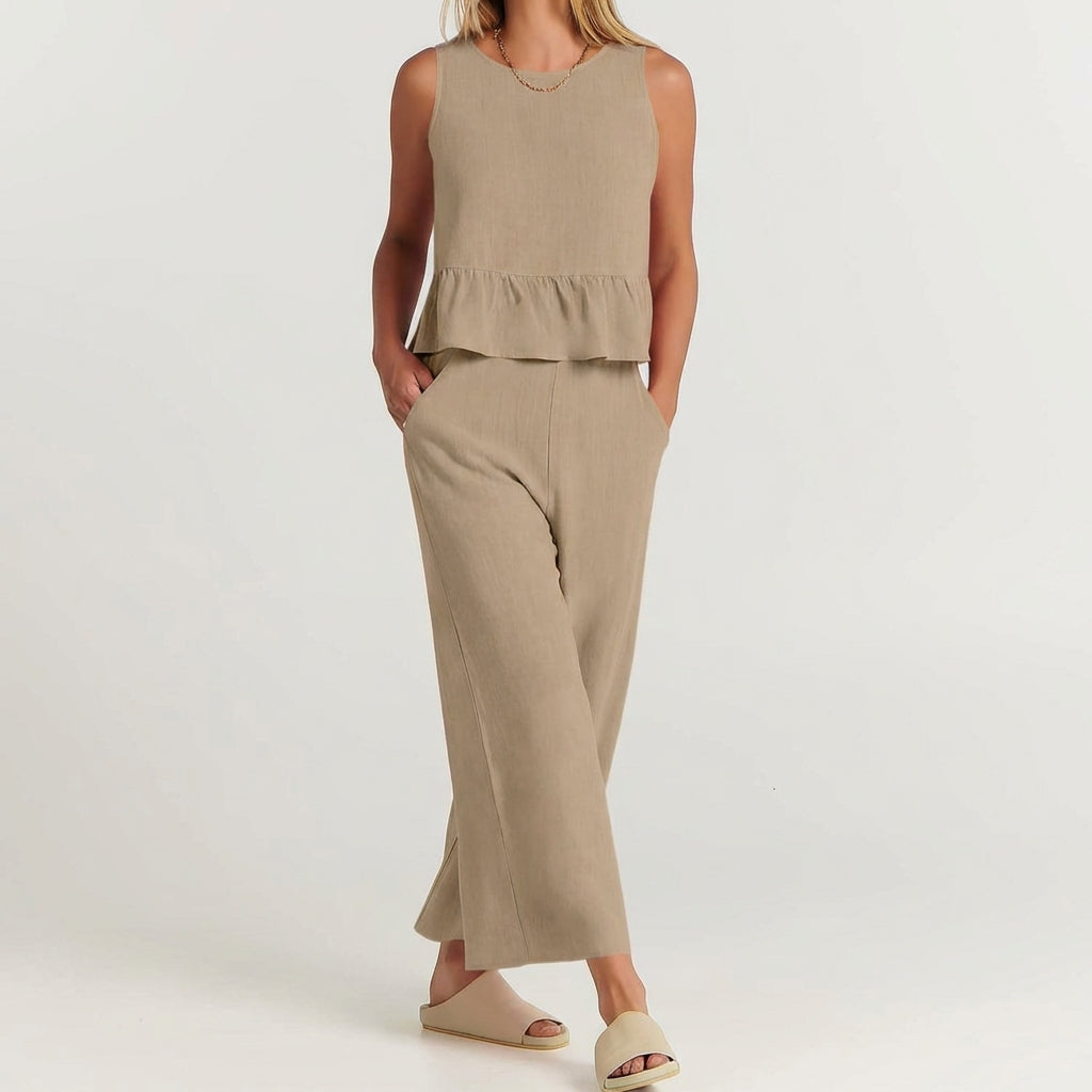 Duttini | Sculpted Breezy Linen Blend Peplum Top And Wide-Leg Pant Set