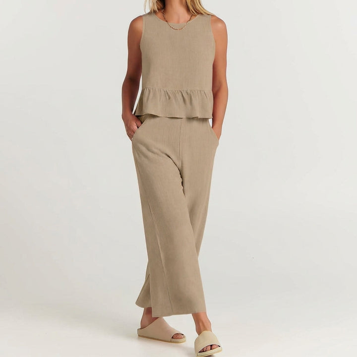 Duttini | Sculpted Breezy Linen Blend Peplum Top And Wide-Leg Pant Set