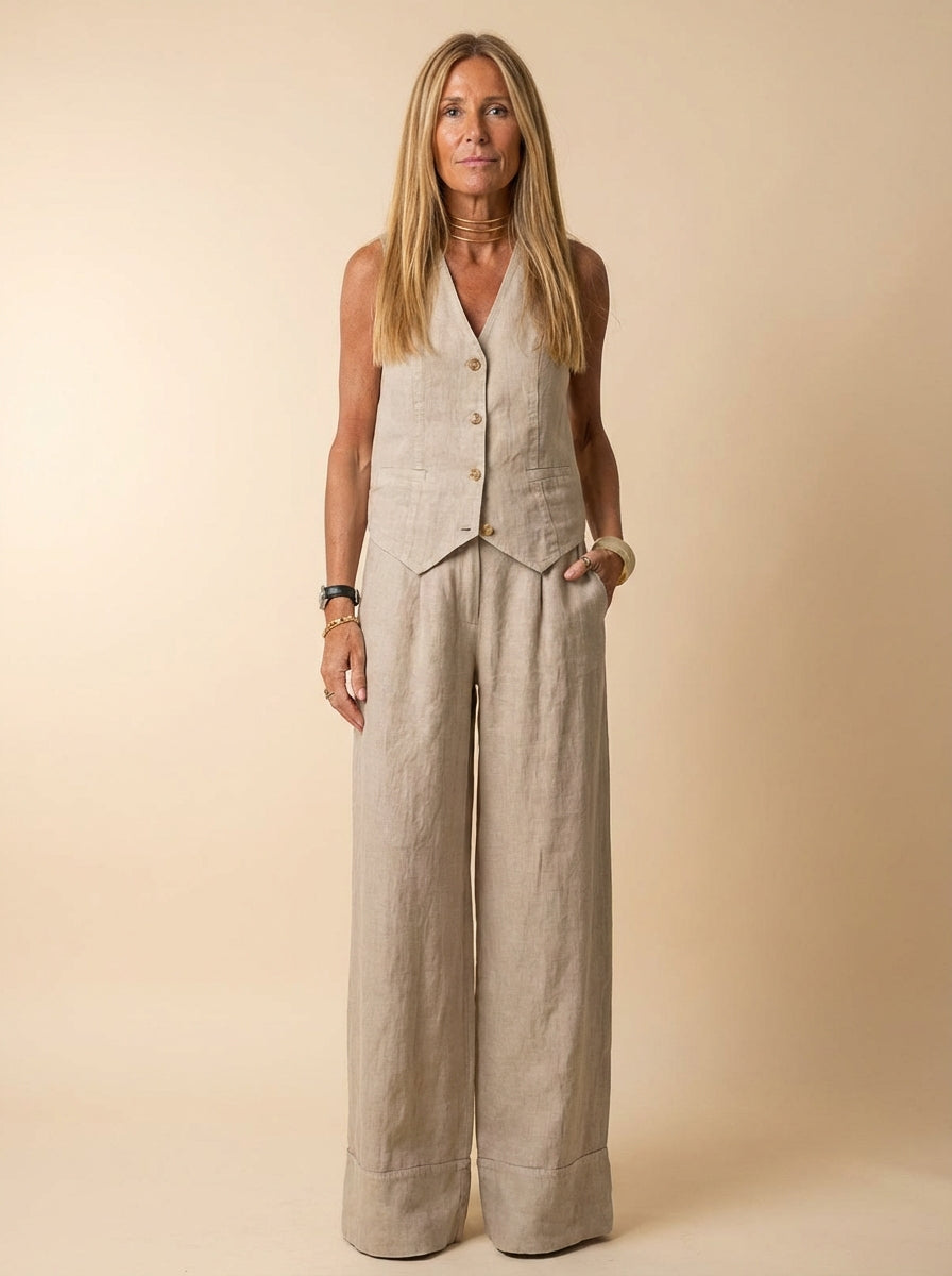 Duttini | Sculpted Tailored Linen-Texture Vest And Wide-Leg Trouser Co-ord Set