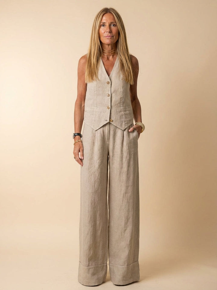 Duttini | Sculpted Tailored Linen-Texture Vest And Wide-Leg Trouser Co-ord Set