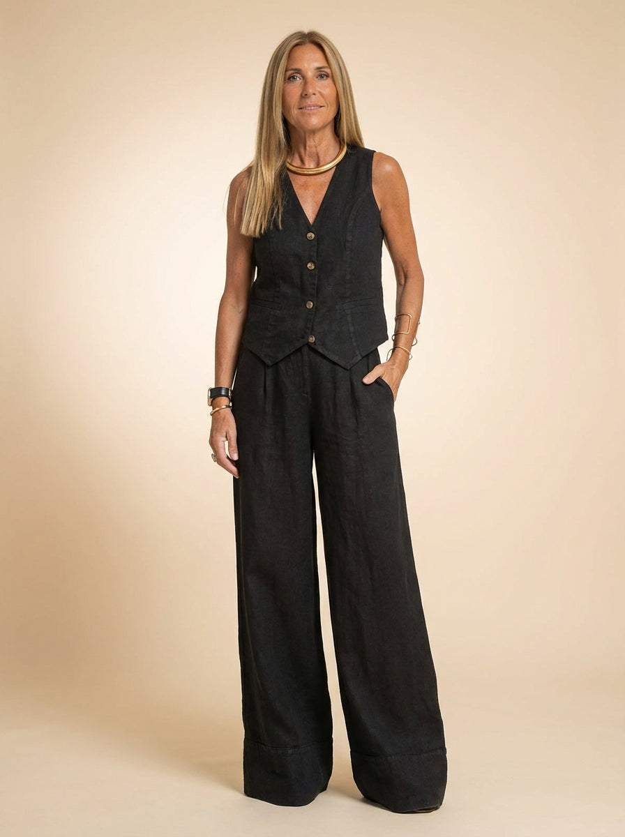 Duttini | Sculpted Tailored Linen-Texture Vest And Wide-Leg Trouser Co-ord Set