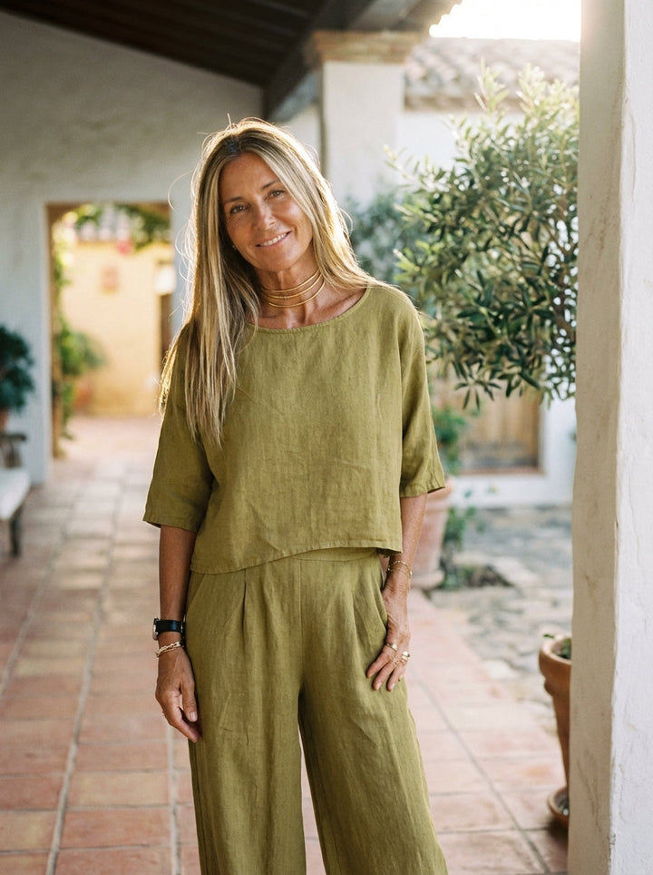 Duttini | Refined Relaxed Linen-Texture Two-Piece Set With Wide-Leg Trousers