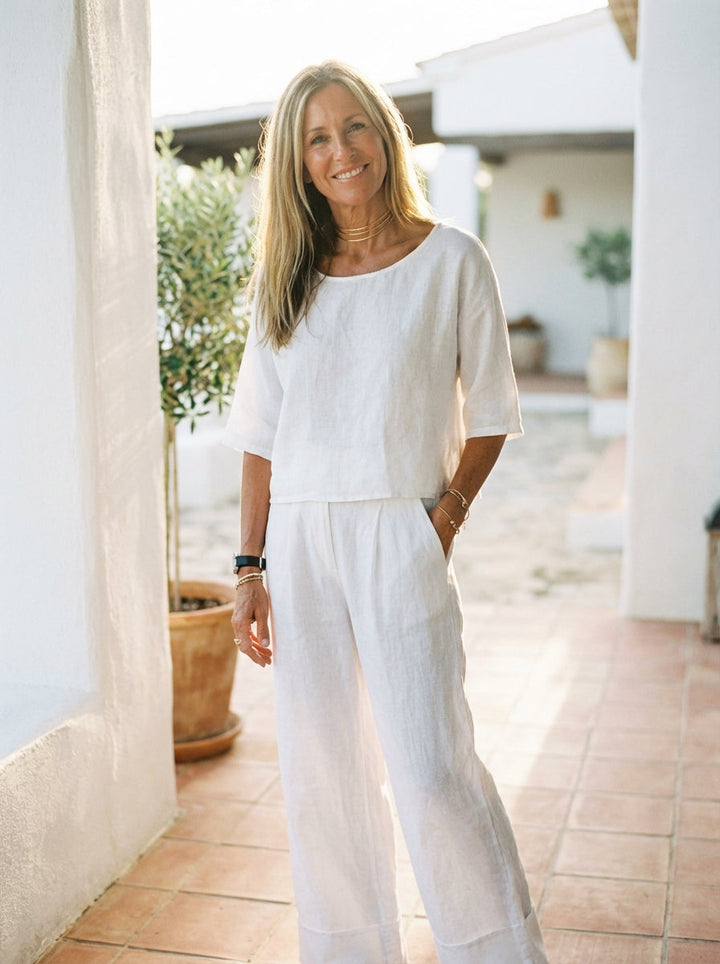 Duttini | Refined Relaxed Linen-Texture Two-Piece Set With Wide-Leg Trousers