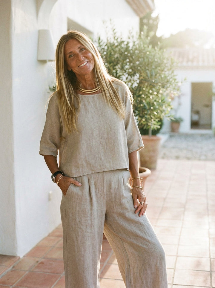 Duttini | Refined Relaxed Linen-Texture Two-Piece Set With Wide-Leg Trousers
