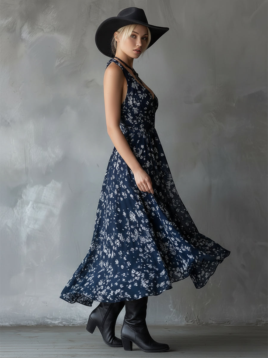 Duttini | Navy Blue Chiffon Floral Dress