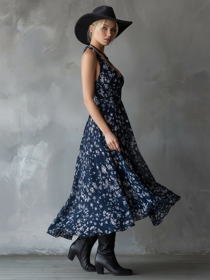 Duttini | Navy Blue Chiffon Floral Dress