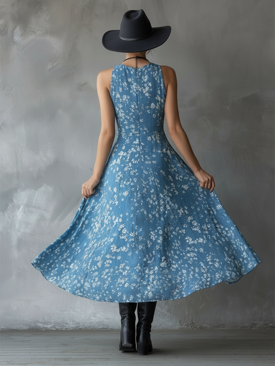 Duttini | Navy Blue Chiffon Floral Dress