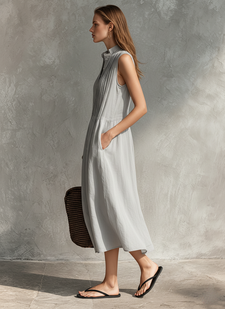 Duttini | Casual Grey Cotton-Linen Sleeveless Dress