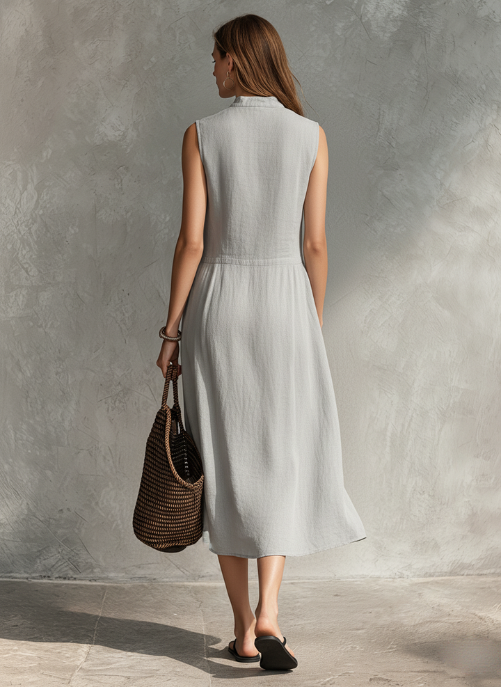Duttini | Casual Grey Cotton-Linen Sleeveless Dress