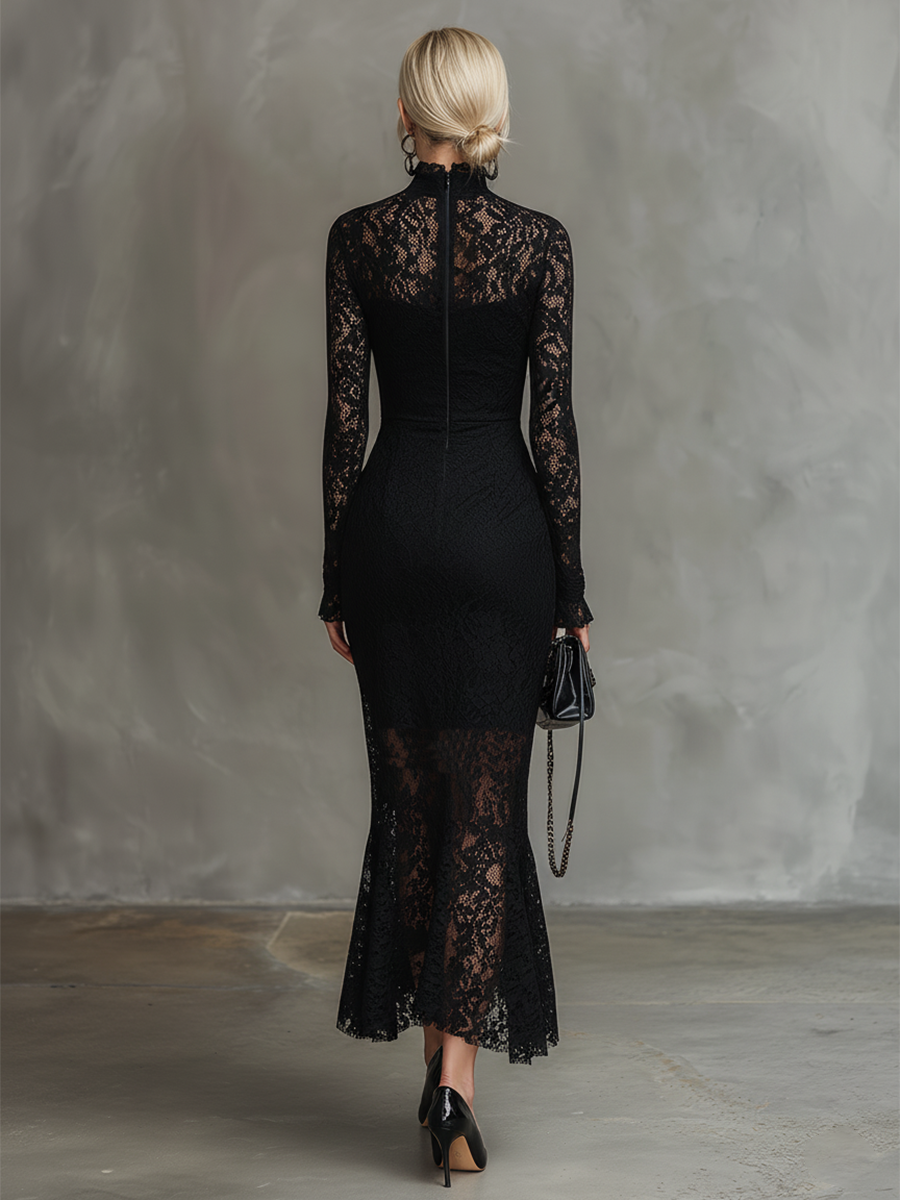 Duttini | Black Lace Fishtail Evening Dress