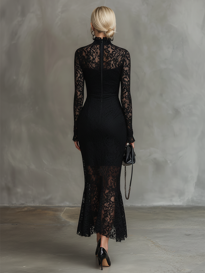 Duttini | Black Lace Fishtail Evening Dress
