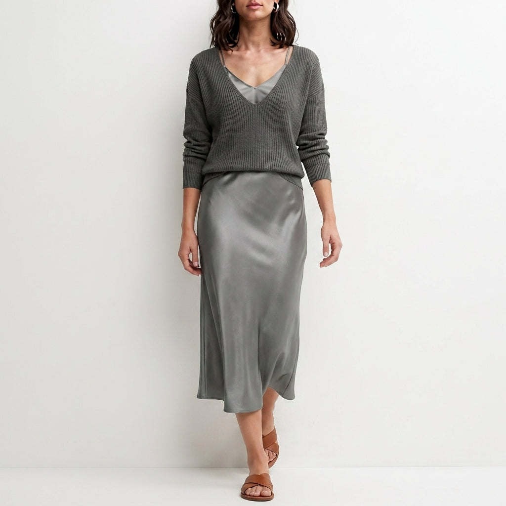 Duttini | Modern Relaxed V-Neck Knit Top And Satin Maxi Skirt Set