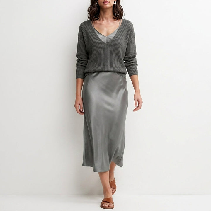 Duttini | Modern Relaxed V-Neck Knit Top And Satin Maxi Skirt Set