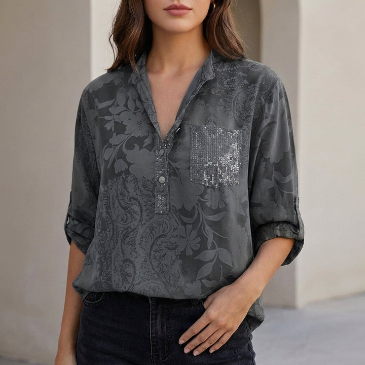 Duttini | Statement Relaxed Floral Burnout Blouse With Adjustable Roll-Tab Sleeves