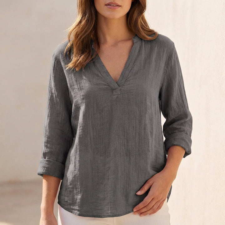Duttini | Sophisticated Relaxed Cotton Linen V-Neck Pullover Blouse With Textured Finish