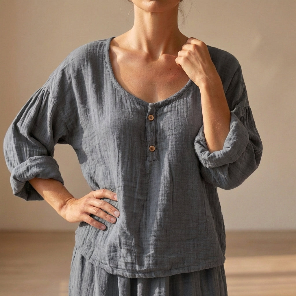Duttini | Chic Relaxed V-Neck Cotton Blend Blouse With Textured Volume Sleeves