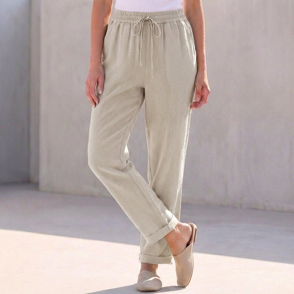 Duttini | Modern Relaxed Fit Cotton Linen Ankle-Length Pants With Drawstring Waist