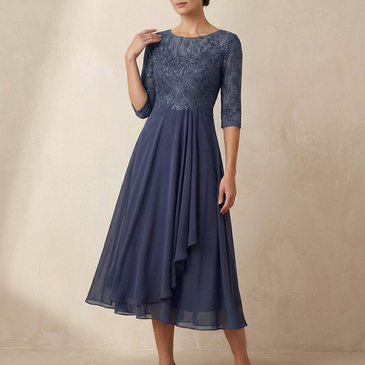 Duttini | Elegant Embroidered A-Line Midi Dress With Sheer Sleeves And Pockets