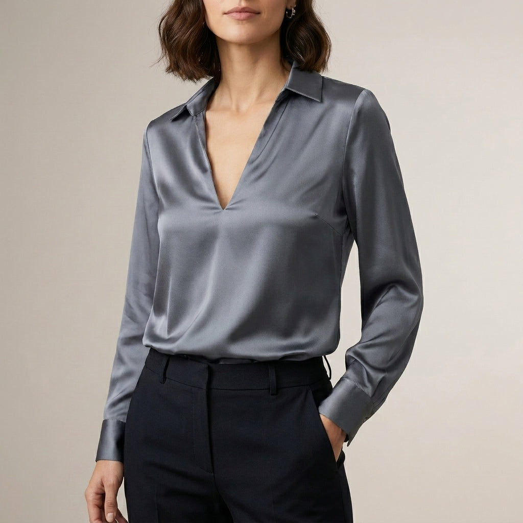 Duttini | Effortless Tailored V-Neck Blouse With Spread Collar And Lustrous Finish