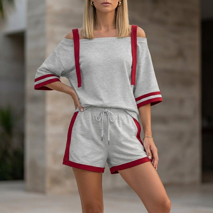 Duttini | Effortless Sporty Contrast Trim Two-Piece Set With Relaxed Off-Shoulder Top