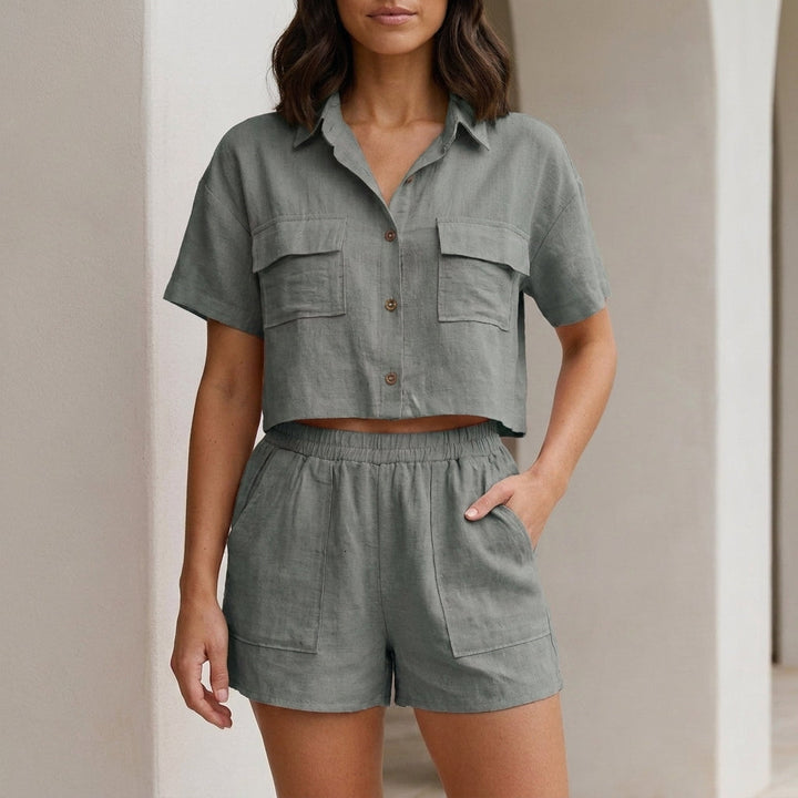 Duttini | Feminine Button Front Pocket Shirt And Shorts Lounge Set
