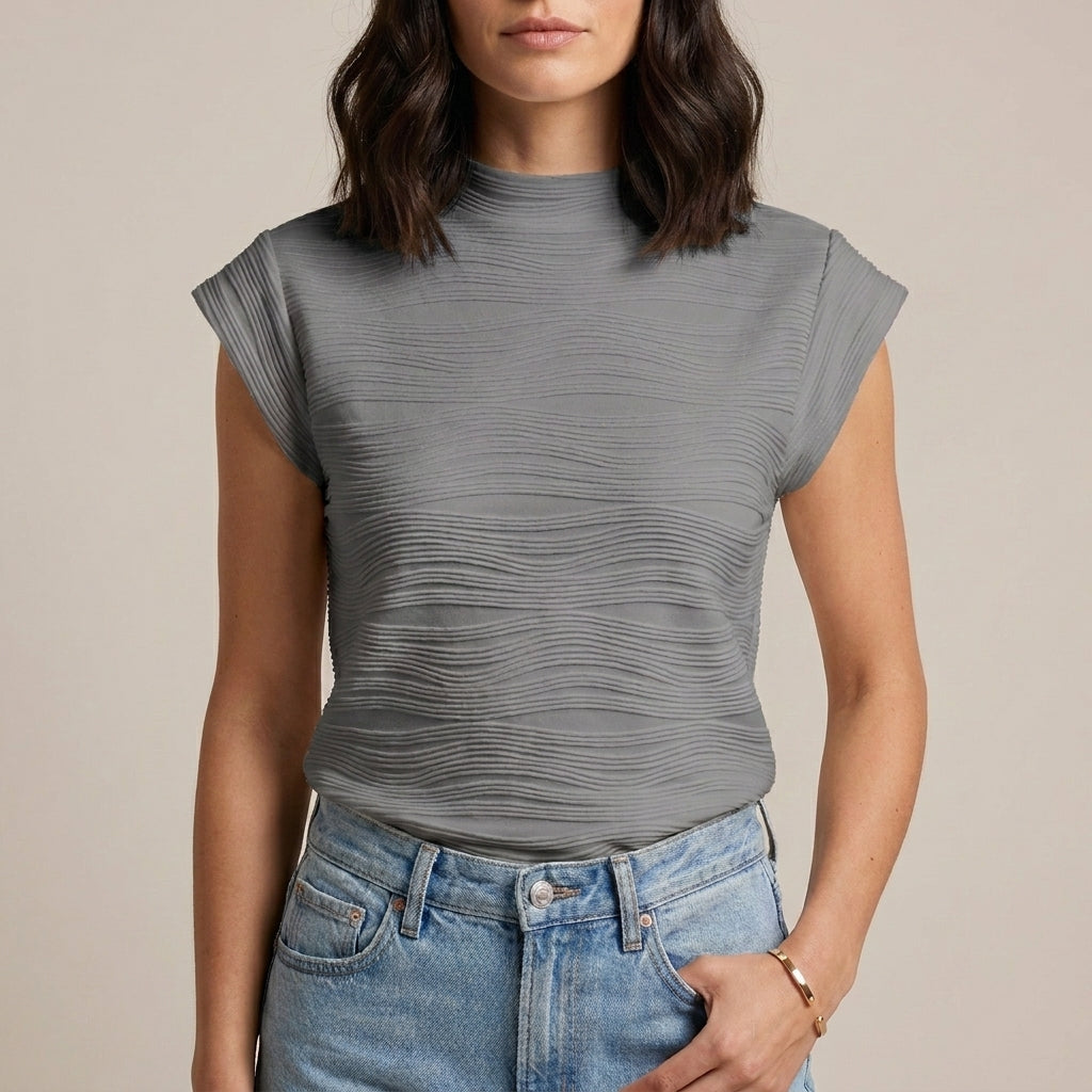 Duttini | Refined Textured Mock Neck Cap Sleeve Top With Sculpted Silhouette