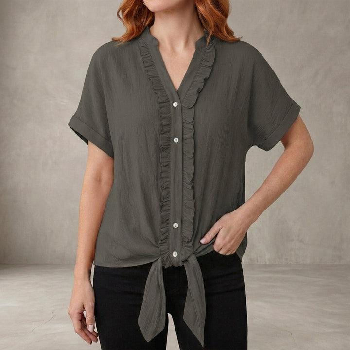 Duttini | Flowing Willow Grace Ruffle Trim Tie-Front Blouse