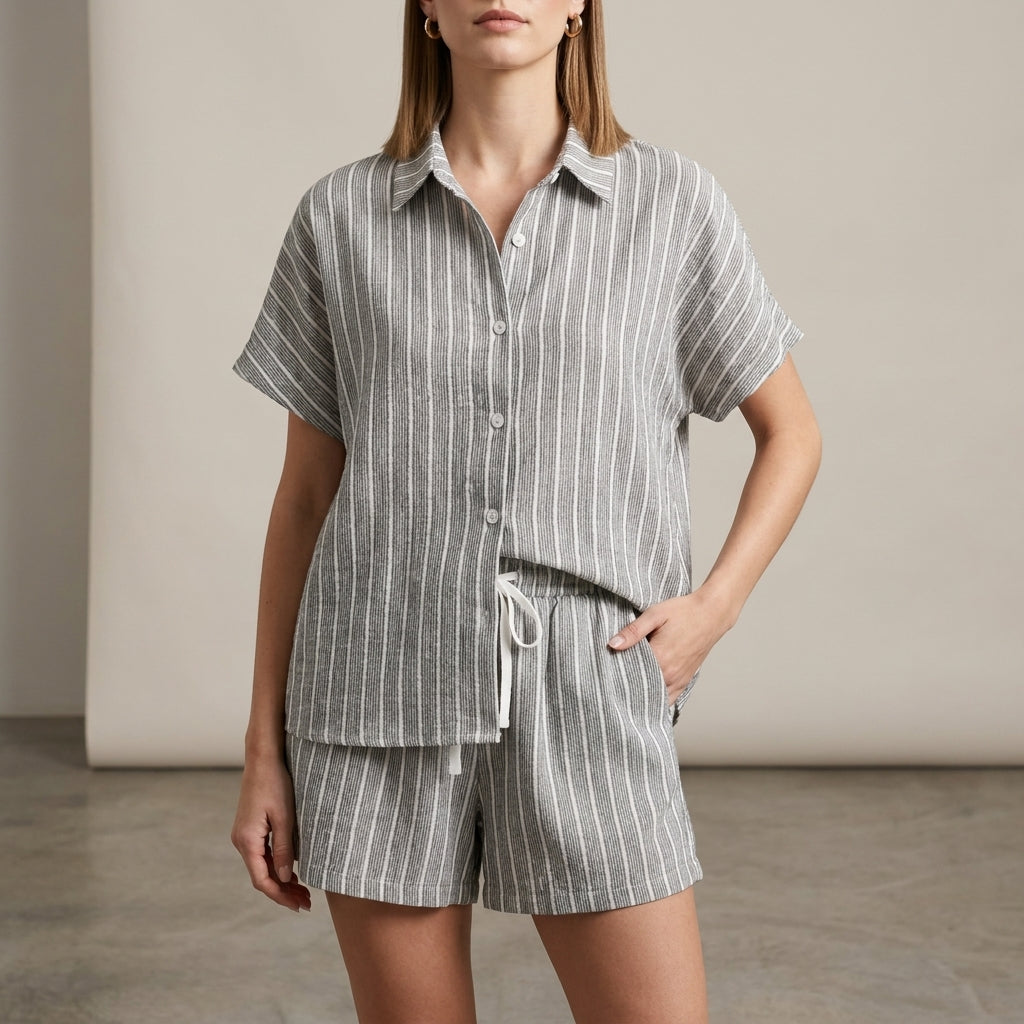 Duttini | Modern Textured Vertical Stripe Relaxed Two-Piece Shirt And Drawstring Shorts Set