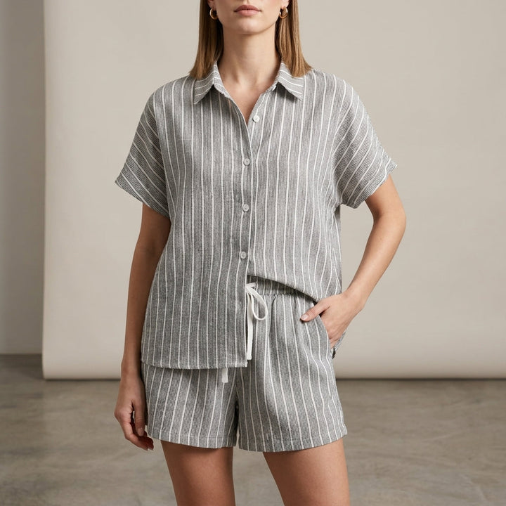 Duttini | Modern Textured Vertical Stripe Relaxed Two-Piece Shirt And Drawstring Shorts Set